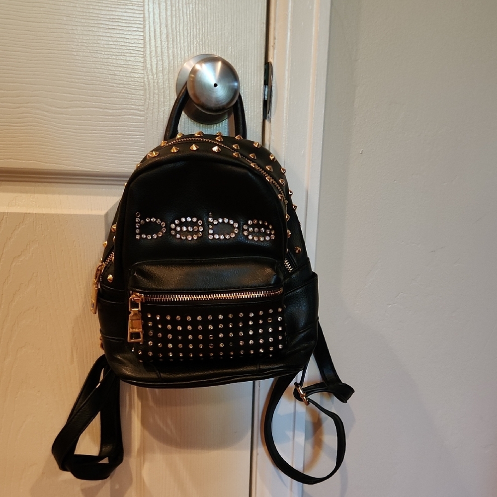 Bebe Black Backpack with Gold Studs and Rhinestones